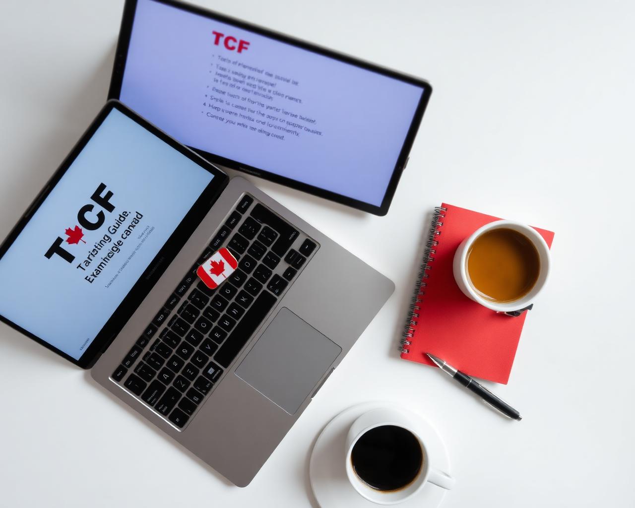 Guide complet TCF Canada 2026 : bureau d'étude avec livre de préparation, ordinateur et drapeau canadien
